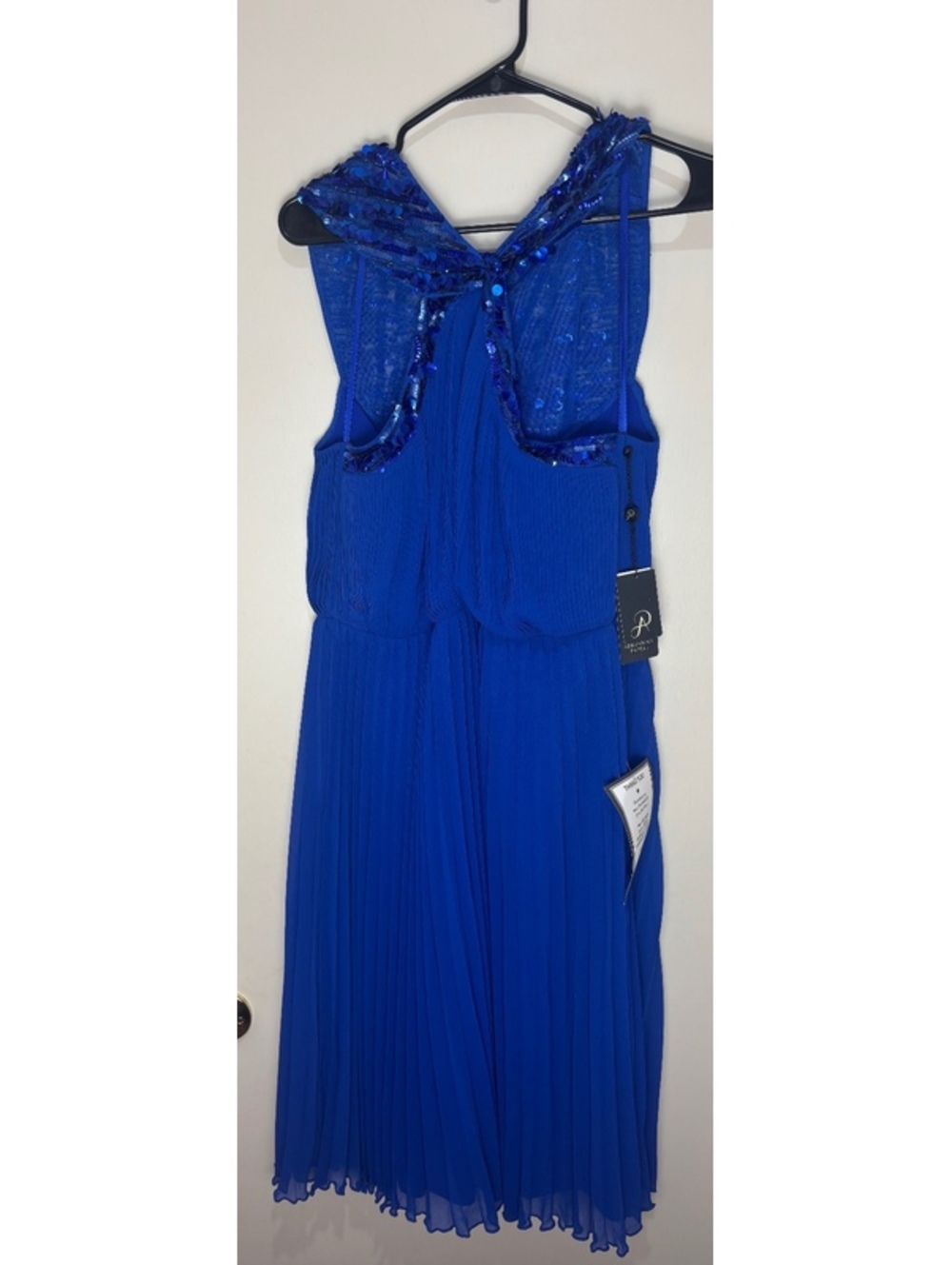 Adrianna Papell Blue Beaded Pleated Chiffon Midi Cocktail Dress 14 NWT